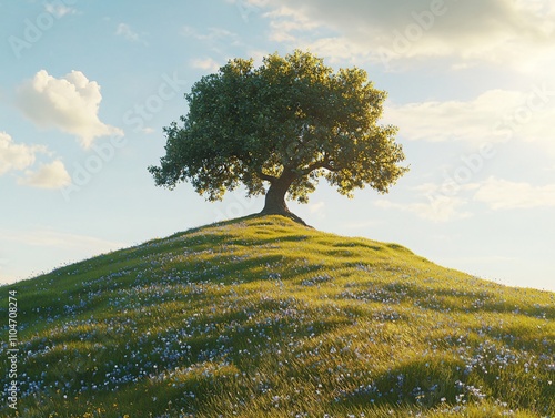 Scenic Hill with a Blooming Tree and Vibrant Wildflowers, Landscape Photography photo