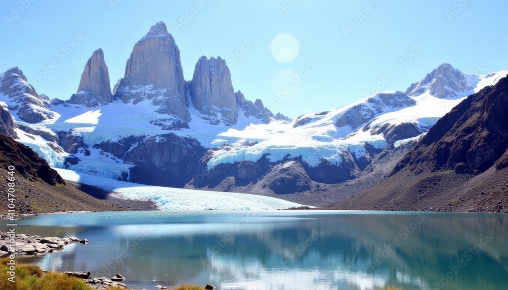 Serene mountain lake with majestic peaks Serene mountain lake with majestic peaks