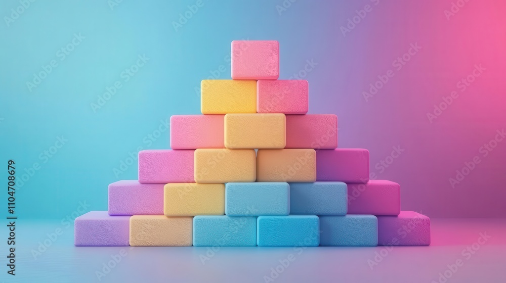A colorful pyramid made of pastel blocks against a gradient background, creating a vibrant and playful visual effect. A colorful pyramid made of pastel blocks against a gradient background, creating a vibrant and playful visual effect.