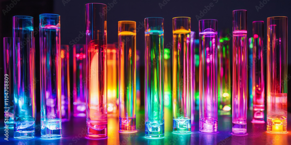 A set of transparent glass tubes, each with its own colored light inside, generative AI A set of transparent glass tubes, each with its own colored light inside, generative AI
