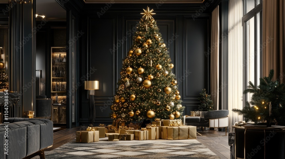 A beautifully decorated Christmas tree in an elegant room, surrounded by wrapped gifts. A beautifully decorated Christmas tree in an elegant room, surrounded by wrapped gifts.