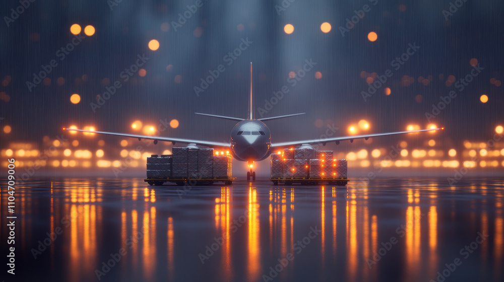 Cargo aircraft with shipments ready for loading in vibrant setting Cargo aircraft with shipments ready for loading in vibrant setting