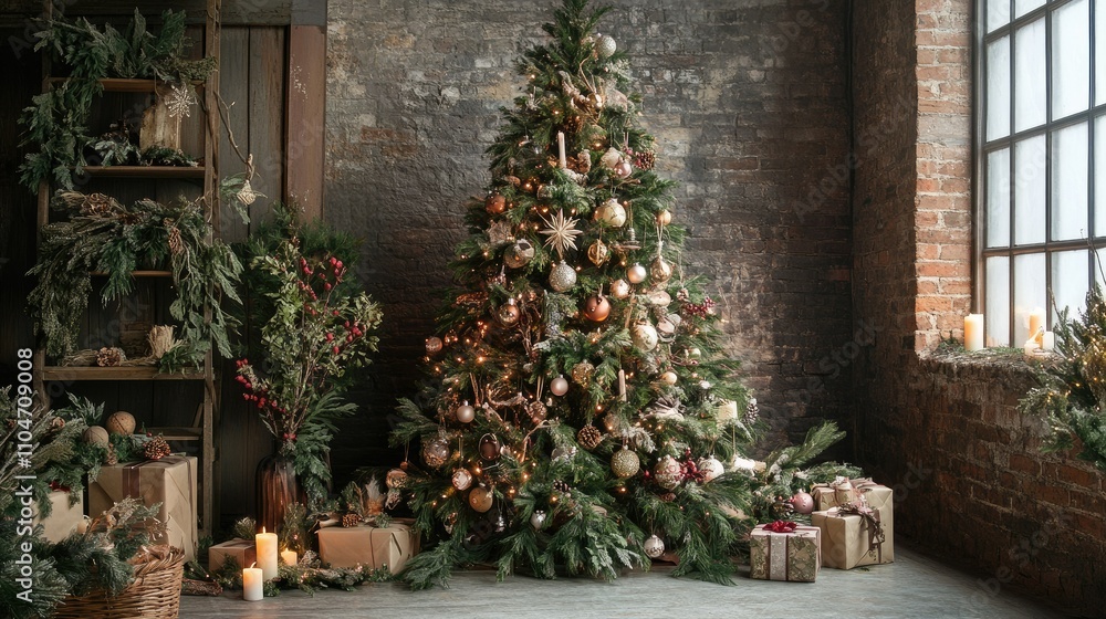 A beautifully decorated Christmas tree surrounded by gifts and festive decor in a cozy setting. A beautifully decorated Christmas tree surrounded by gifts and festive decor in a cozy setting.