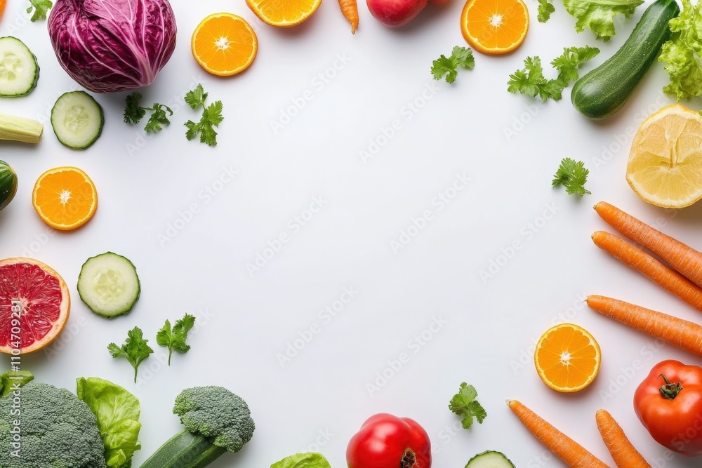 fresh vegetables and fruits arranged on a white background fresh vegetables and fruits arranged on a white background