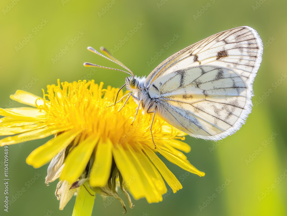 Tiny butterfly on a yellow dandelion, soft sunlight. Tiny butterfly on a yellow dandelion, soft sunlight.