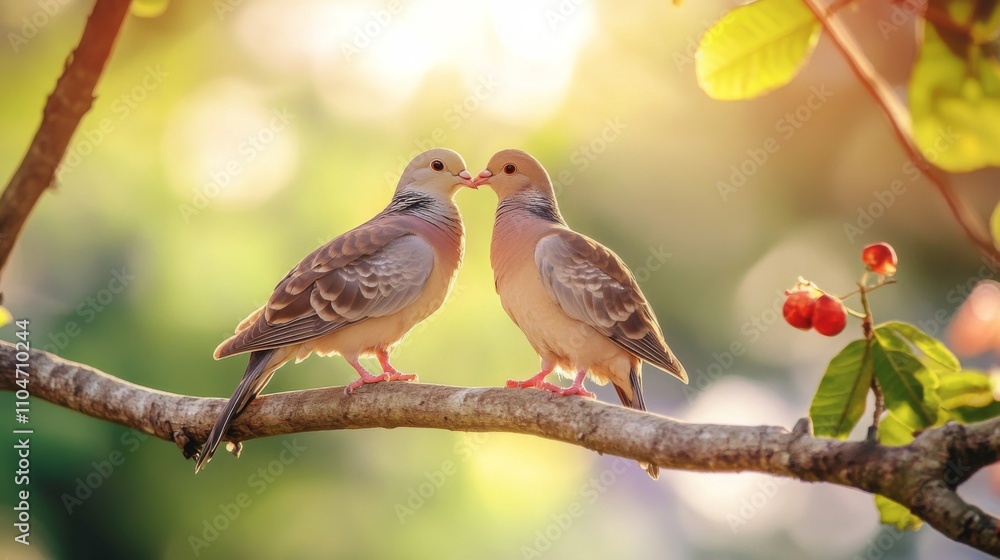 Two Loving Birds Sharing a Tender Moment on a Branch at Sunrise Two Loving Birds Sharing a Tender Moment on a Branch at Sunrise