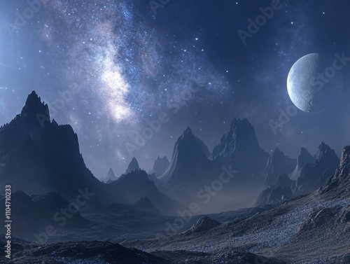 Towering mountains under a star-filled night sky, a bright full moon illuminating the rugged terrain, fantasy landscape photo