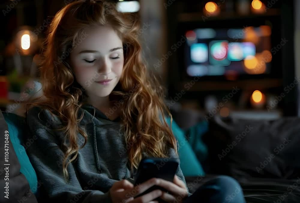 Girl reads social media message. Girl reads social media message.