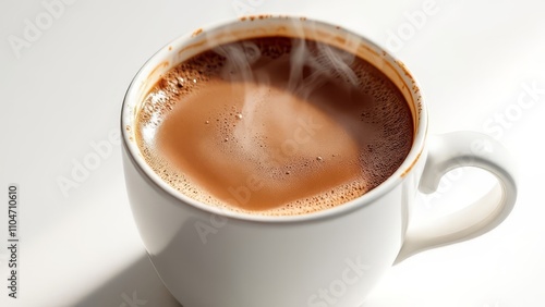 A white mug holds a cocoa drink, bathed in natural light. Reflective surface, landscape view.