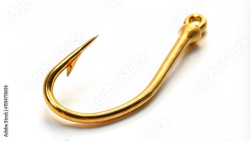 Golden fish hook isolated on white background, fishing, equipment, shiny, metal, lure, catching, fishing tackle, angling, hobby