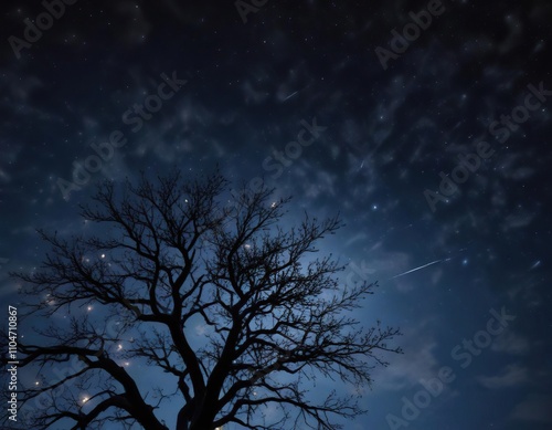 Dark blue night sky with twinkling stars and silhouetted tree branches, dark blue, nature, tree branches