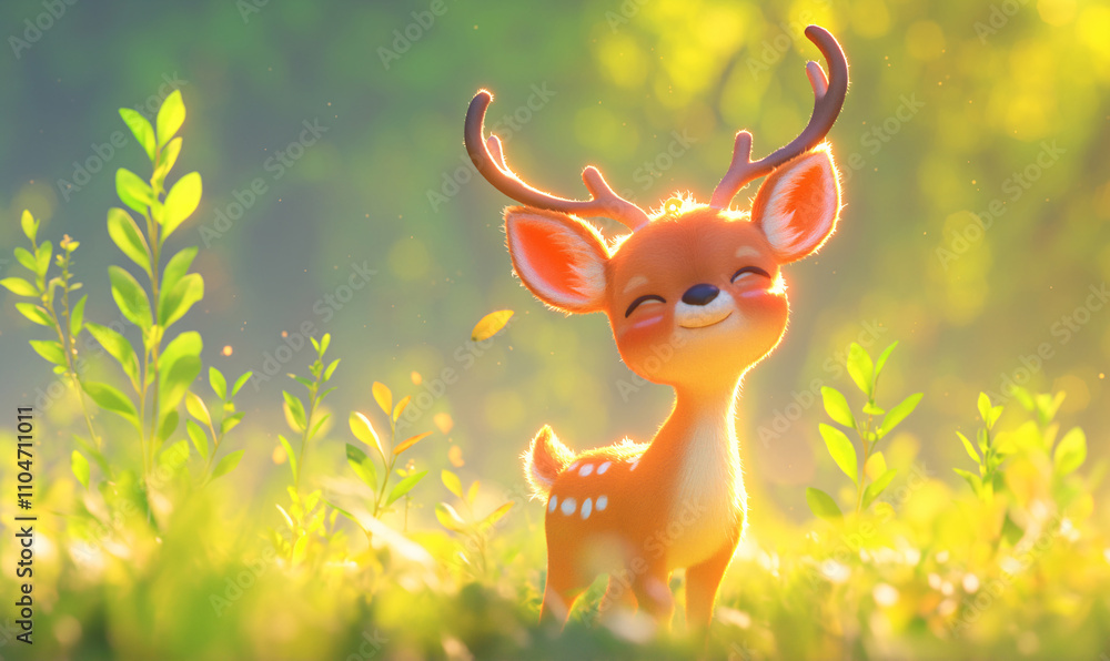 Naklejka premium A lovely fawn was walking on the forest grass