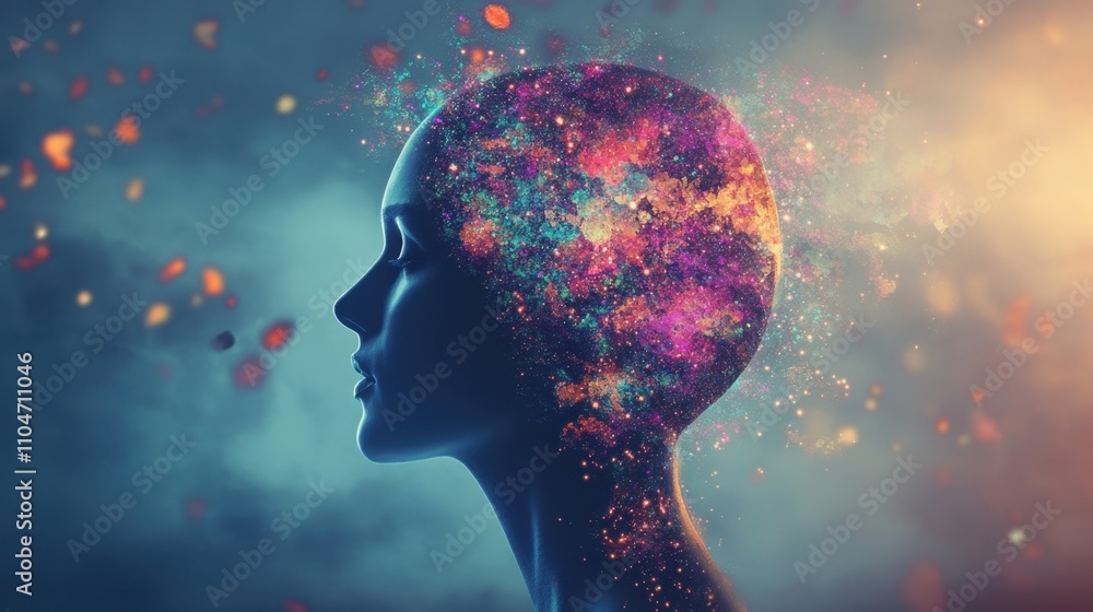 a human head silhouette with a vibrant explosion of cosmic colors symbolizing imagination, creativity a human head silhouette with a vibrant explosion of cosmic colors symbolizing imagination, creativity