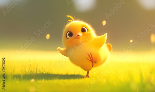 A lovely chicken is walking on the green grass