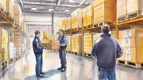 Watercolor Illustration of Warehouse Management Scene photo