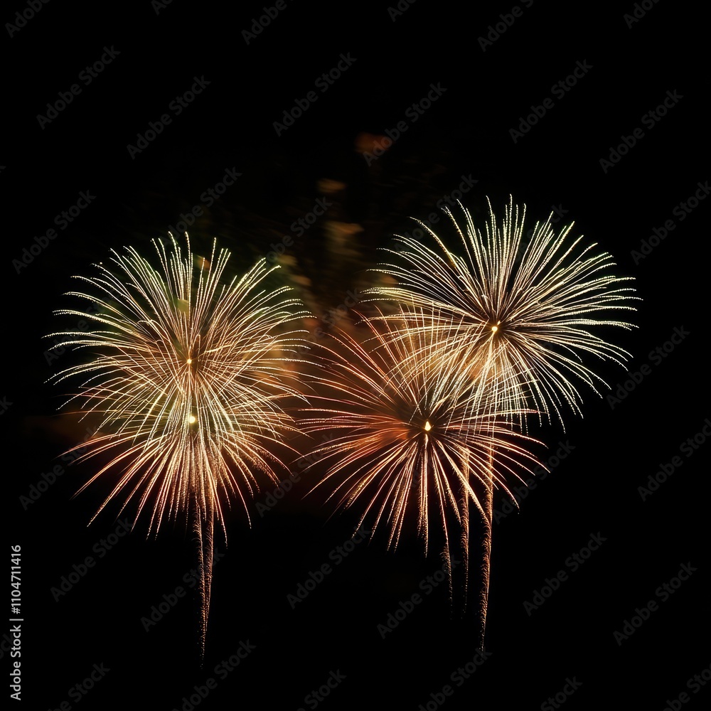 Two vibrant fireworks explode against a dark night sky, showcasing intricate patterns of light and color. Two vibrant fireworks explode against a dark night sky, showcasing intricate patterns of light and color.
