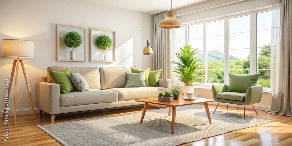 Beautiful interior of light living room with comfortable sofa, table, carpet, and lamp, living room, interior design Beautiful interior of light living room with comfortable sofa, table, carpet, and lamp, living room, interior design