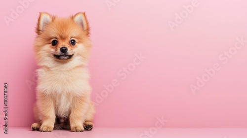 Cute fluffy Pomeranian puppy sitting on a pink background