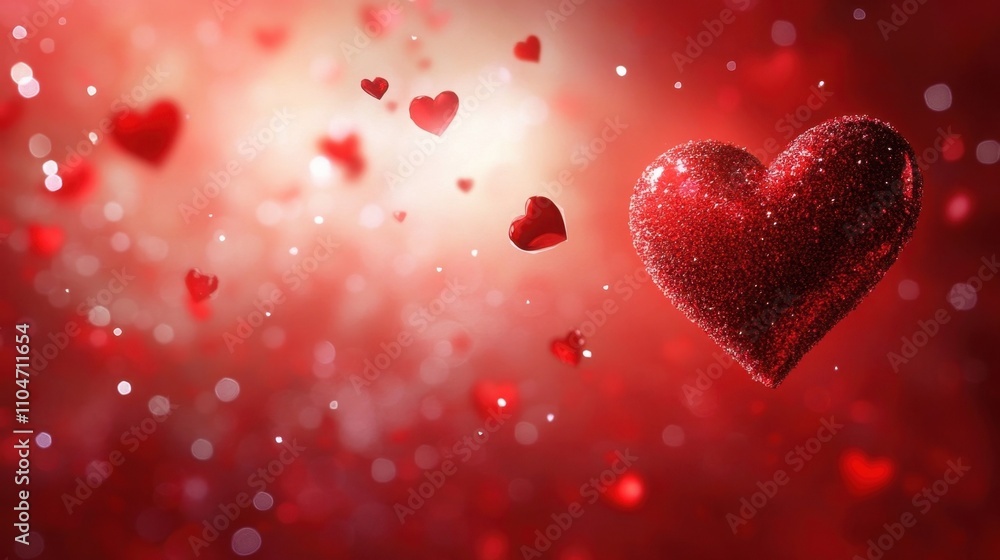a glittery red heart surrounded by smaller floating hearts on a vibrant, glowing red background a glittery red heart surrounded by smaller floating hearts on a vibrant, glowing red background