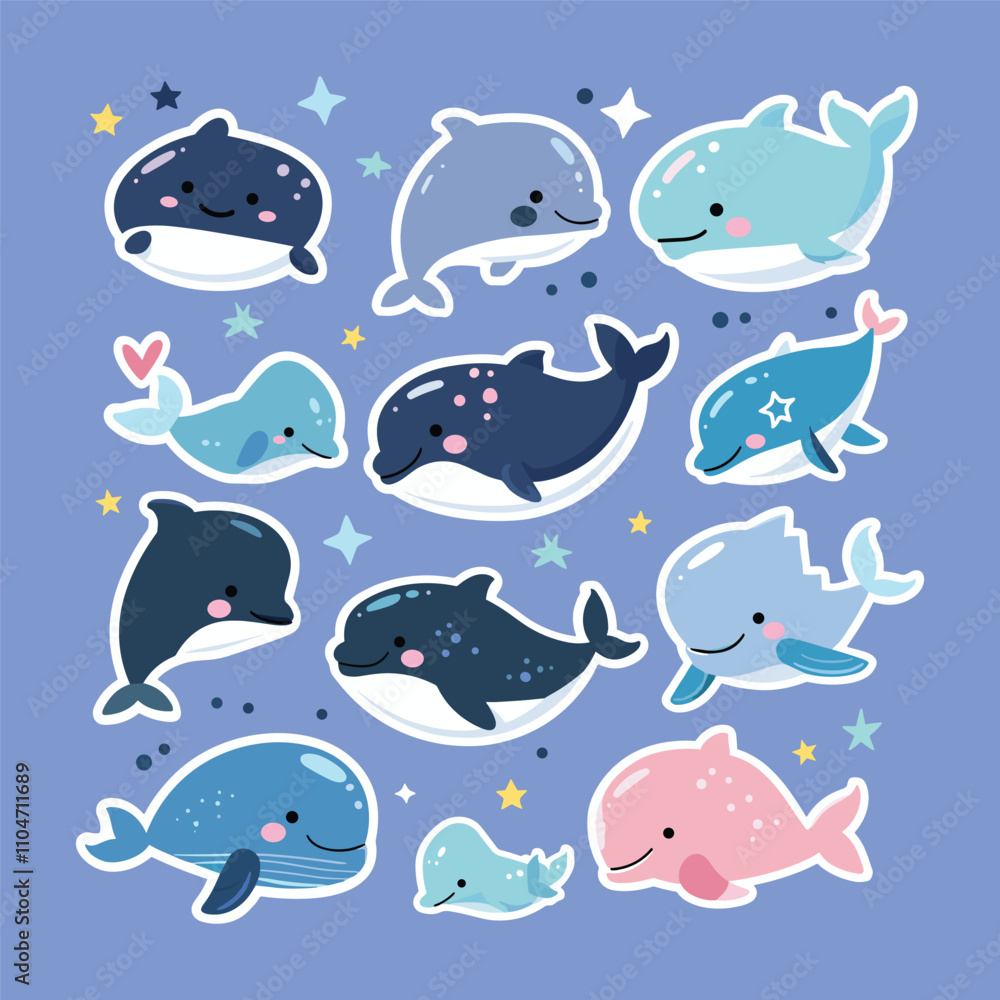 collection of cute blue whale vector stickers collection of cute blue whale vector stickers