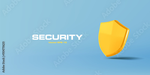 3D yellow blank realistic shield on a blue background. For concepts of software protection, security, safety, reliable information storage. Vector illustration.
