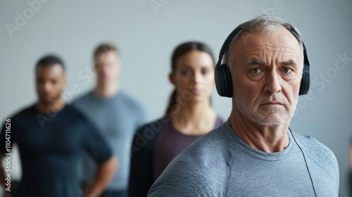 focused older man wearing headphones in a fitness setting