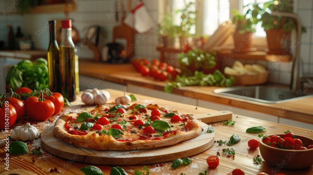 Fresh summer pizza on wooden table in country kitchen Fresh summer pizza on wooden table in country kitchen