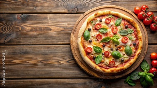 Delicious pizza displayed on a wooden board, pizza, food, Italian, cheese, toppings, pepperoni, mozzarella, crust photo