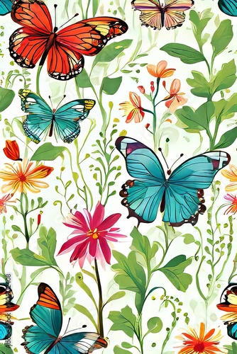 Brightly colored butterflies perched on delicate blossoms, evoking a sense of tranquility and beauty. Perfect for greeting cards, nature-themed decor, digital designs, print, wallpapers.