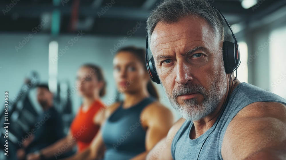 Fototapeta premium focused man in gym with headphones training hard