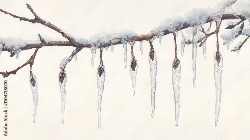 Soft Watercolor Frozen Droplets on a Branch Soft Watercolor Frozen Droplets on a Branch