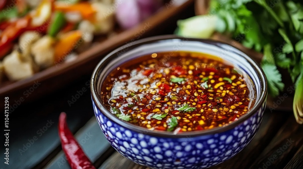 Vibrant Spicy Sauce in Blue Bowl Surrounded by Fresh Vegetables Vibrant Spicy Sauce in Blue Bowl Surrounded by Fresh Vegetables