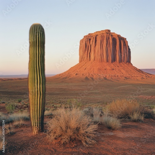 desert landscape featuring a tall cactus and a prominent rock formation under a clear sky photo