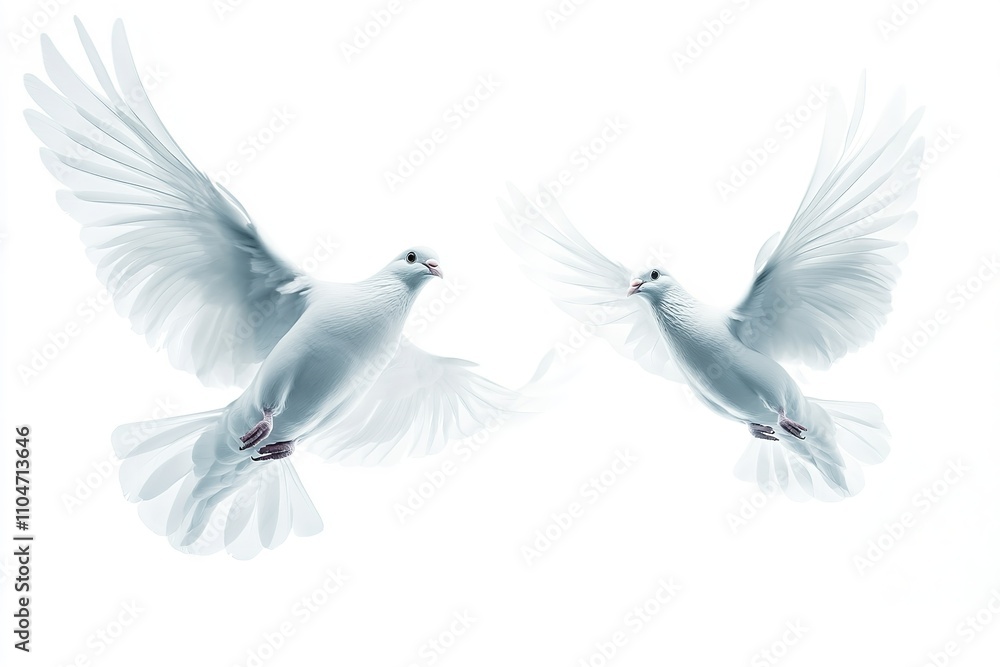 Obraz premium Beautiful, high-quality white doves flying alone against a white background. Generative Ai