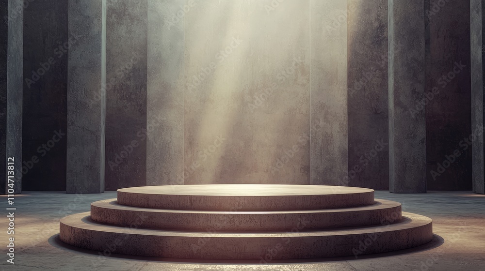 Concrete Steps with Glowing Light in a Room with Columns Concrete Steps with Glowing Light in a Room with Columns