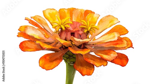 Vibrant Orange Zinnia Flower  Watercolor Style  Botanical Illustration