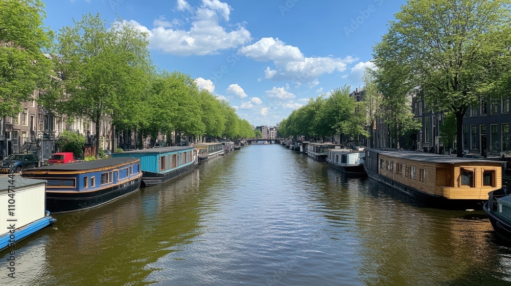 Sunny day on a canal with houseboats and lush green trees. Sunny day on a canal with houseboats and lush green trees.