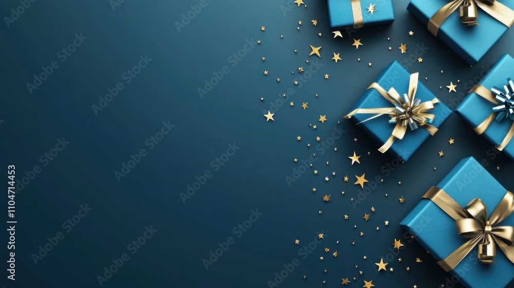 Festive Christmas Banner: Blue Gift Boxes with Golden Accents for Online Store Promotion Festive Christmas Banner: Blue Gift Boxes with Golden Accents for Online Store Promotion