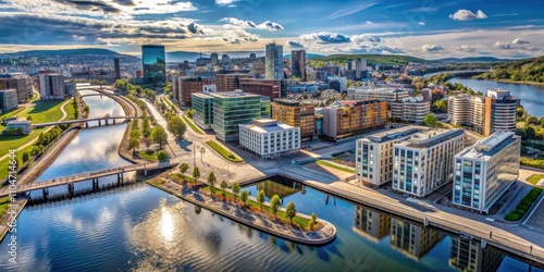 Aerial view of Barcode buildings and Akerselva river in Sentrum, Oslo, Oslo, Norway, aerial view, Barcode buildings photo