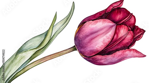 Watercolor Burgundy Tulip Flower  Botanical Illustration  Spring Bloom