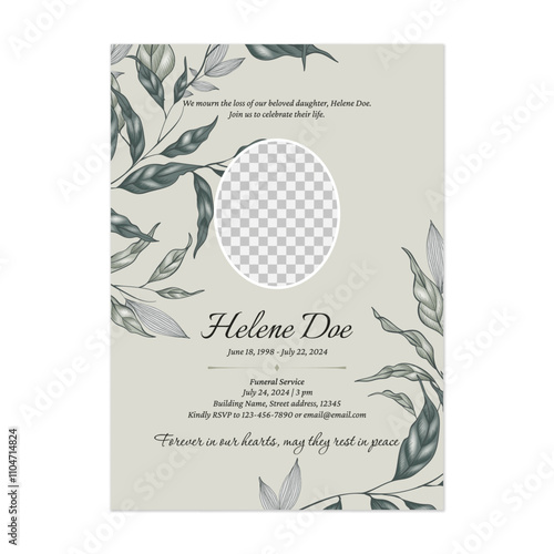 Floral funeral invitation template features a delicate floral border on both sides on a light green background conveying a sense of respect and solemnity