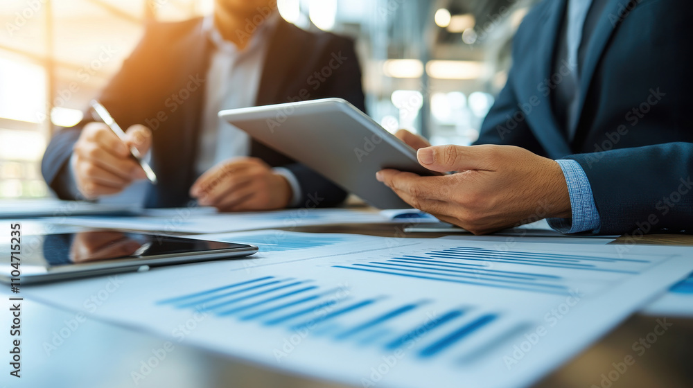 Business professionals reviewing financial data on tablet together Business professionals reviewing financial data on tablet together