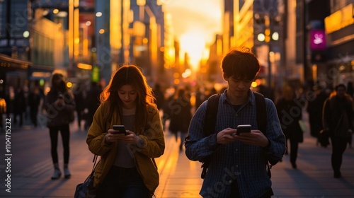 people using smartphones while walking in a city during sunset