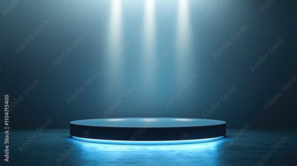 Illuminated Circular Platform with Blue Light in a Dark Room Illuminated Circular Platform with Blue Light in a Dark Room