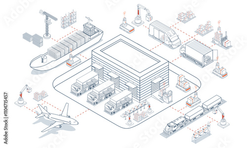Smart logistics solutions integrate delivery robots, warehouse management, and transportation to optimize the entire supply chain process. Vector illustration eps10