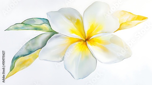 Watercolor Plumeria Flower Painting  White Yellow Tropical Bloom