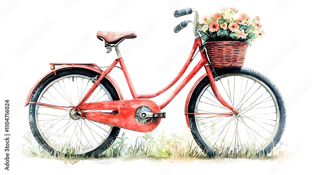 Fototapeta premium Red Bicycle with Flowers in Basket Watercolor Painting