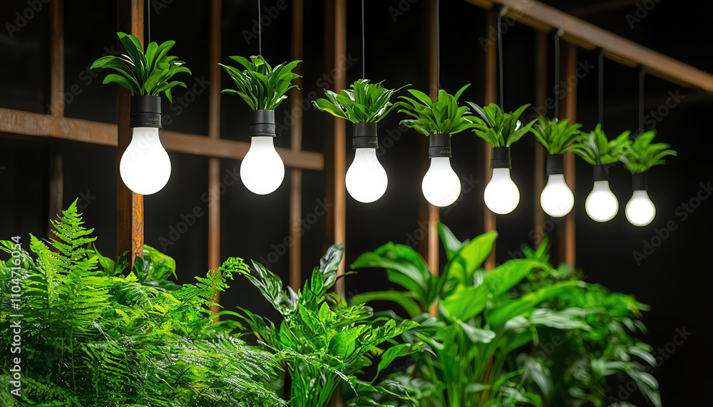 Edison bulb aesthetic. Bright light bulbs with green plants create refreshing atmosphere in modern setting. combination of nature and illumination enhances aesthetic appeal of space Edison bulb aesthetic. Bright light bulbs with green plants create refreshing atmosphere in modern setting. combination of nature and illumination enhances aesthetic appeal of space