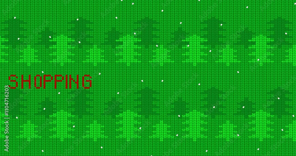 Ugly sweater animated video with Shopping text. Animation of Winter knitted sweater pattern in red, white and green. Ugly sweater animated video with Shopping text. Animation of Winter knitted sweater pattern in red, white and green.