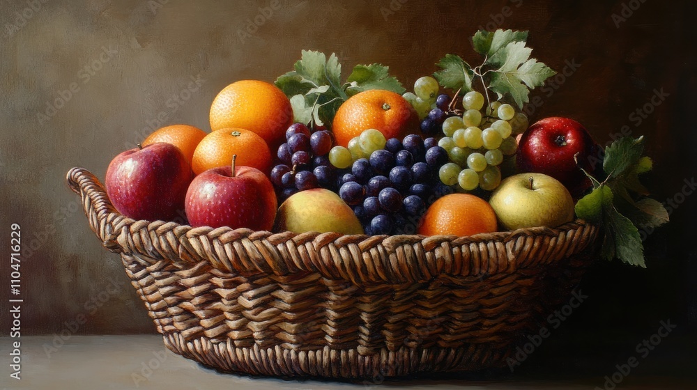 A close-up of a woven basket filled with a variety of fresh, colorful fruits like apples, grapes, and oranges, perfectly lit in a studio setting. A close-up of a woven basket filled with a variety of fresh, colorful fruits like apples, grapes, and oranges, perfectly lit in a studio setting.